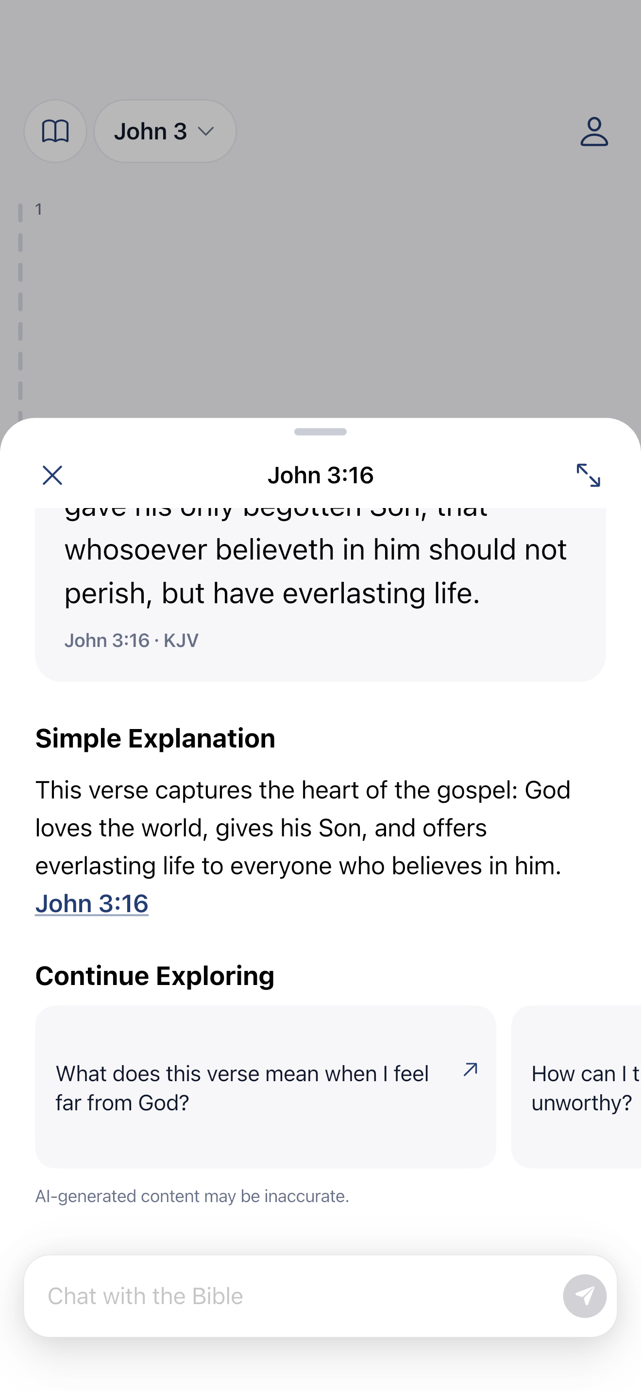 VerseFeed app screen: Kapitelkontekst, gem, del og valgfrit AI-studie